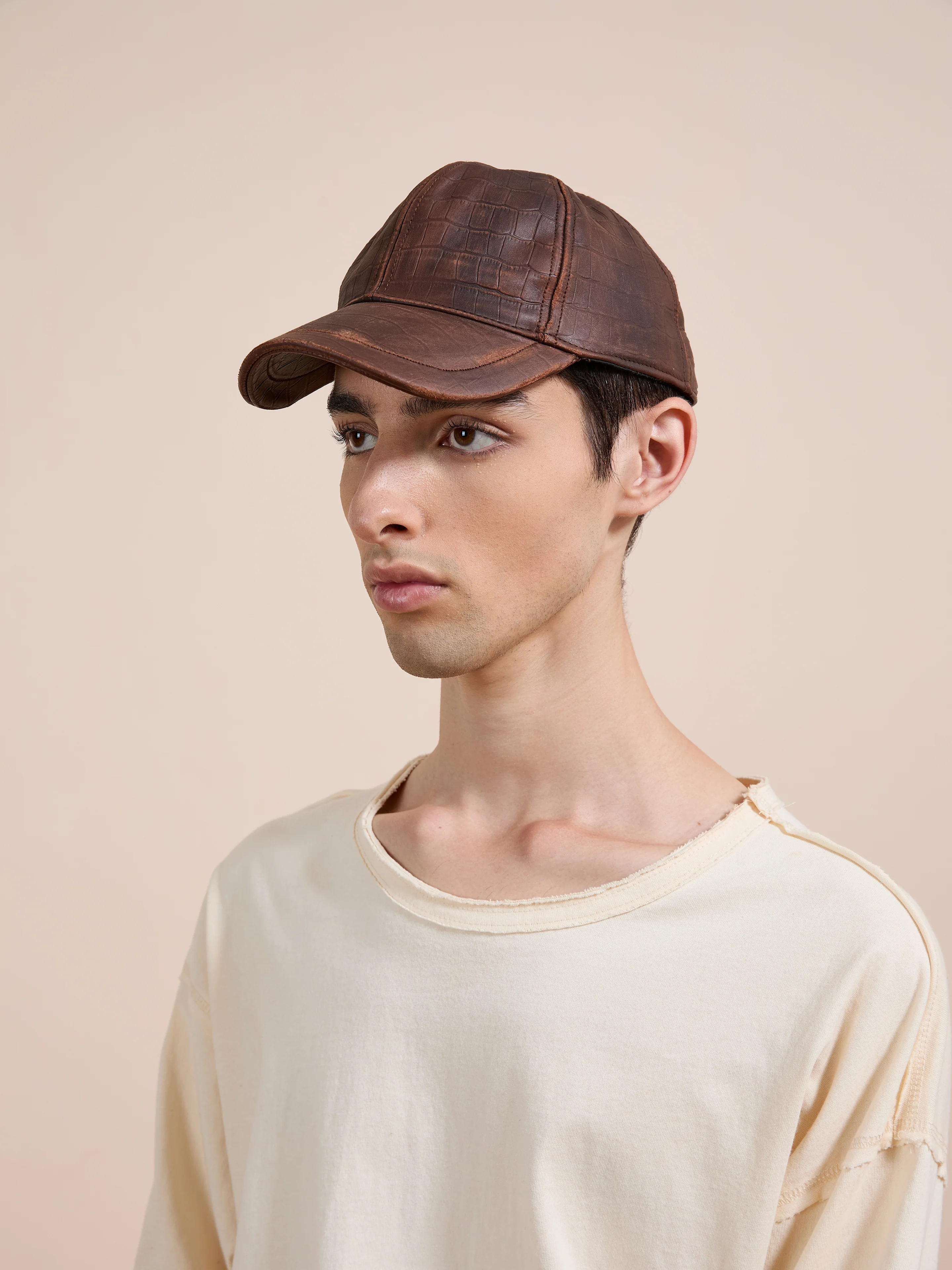 Croc Embossed Distressed Leather Cap - Image 4