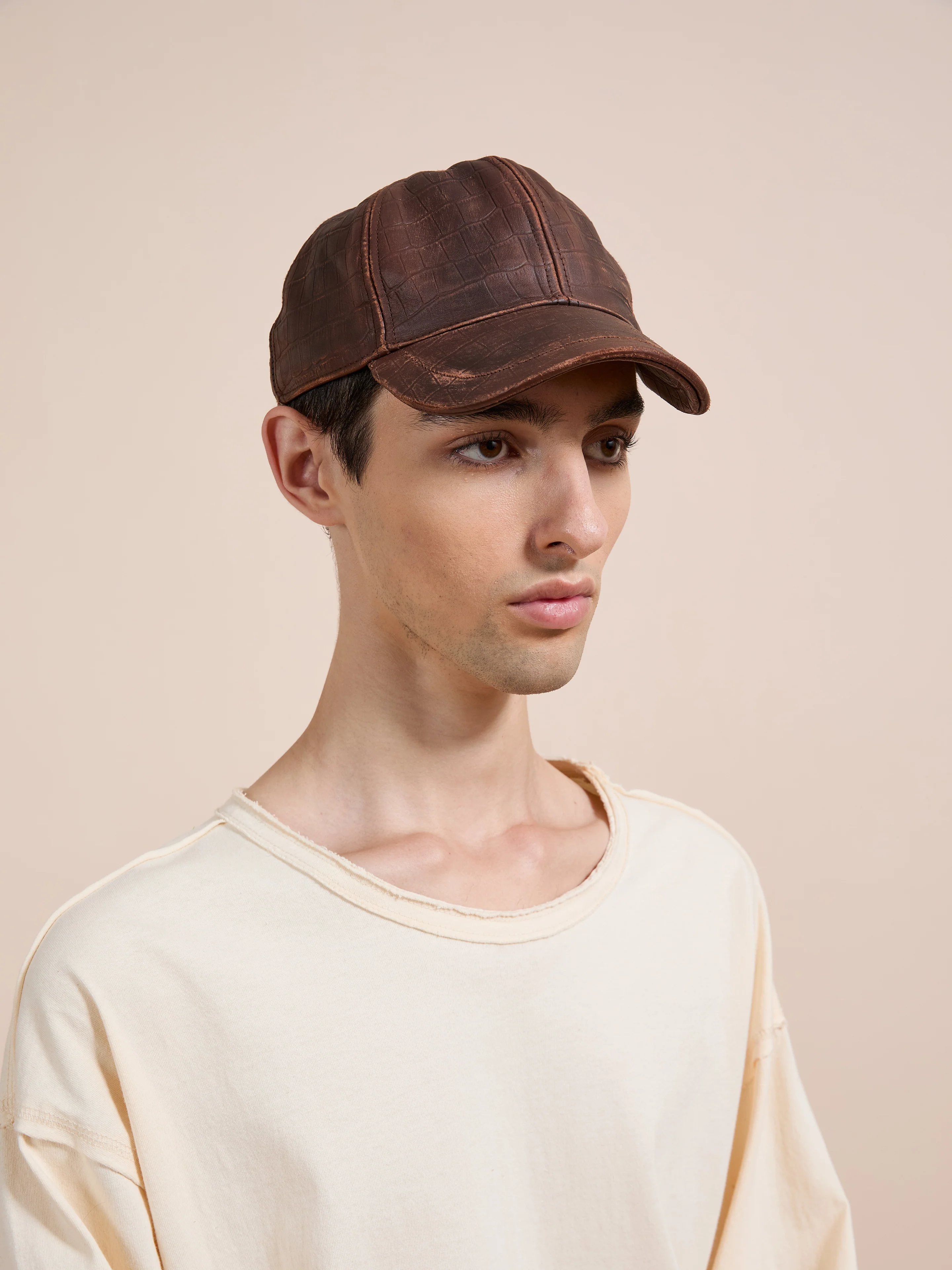 Croc Embossed Distressed Leather Cap - Image 8