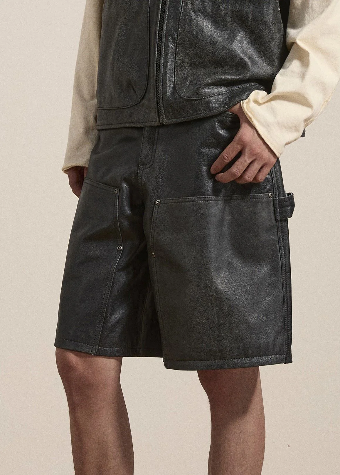 Distressed Genuine Leather Carpenter Shorts - Image 4