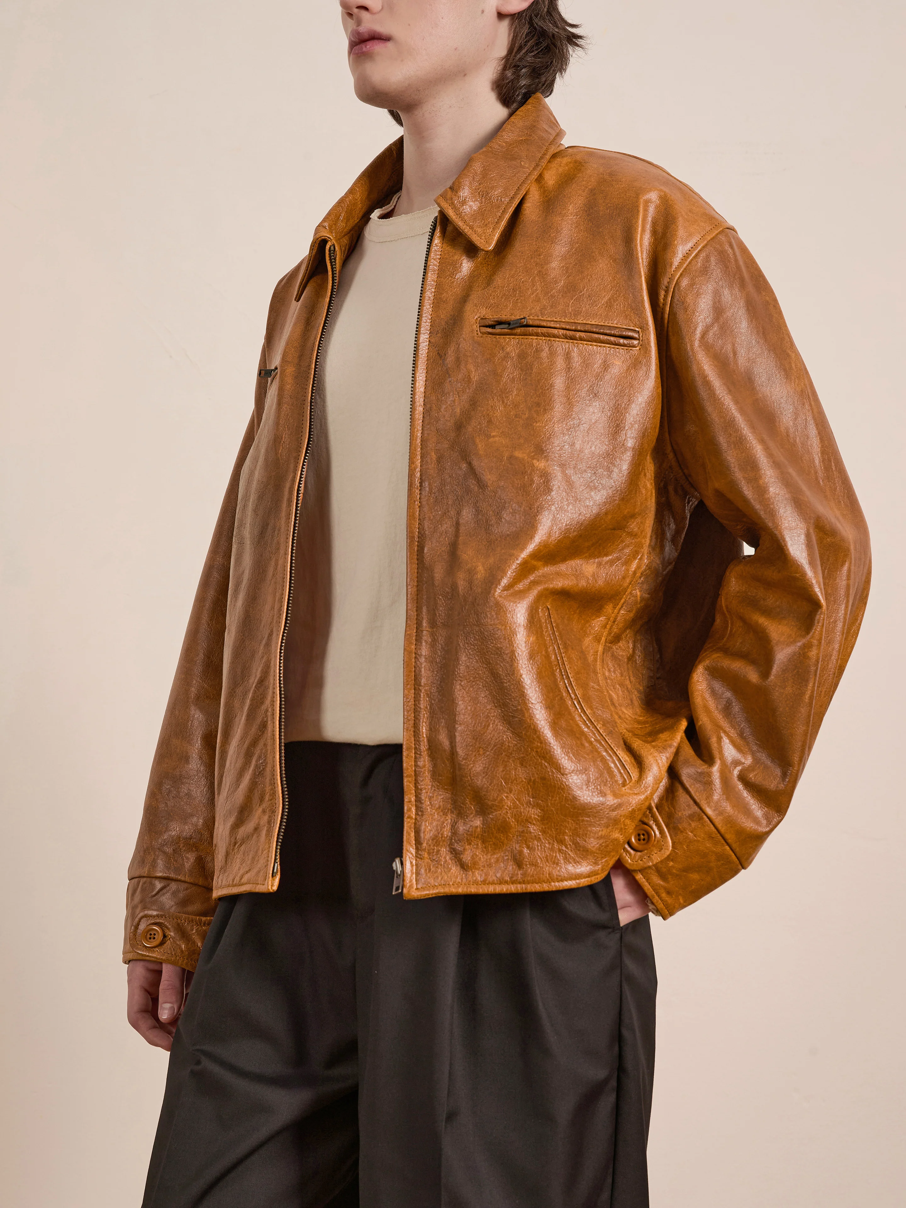 Marlboro Sun Faded Leather Racer Jacket - Image 4
